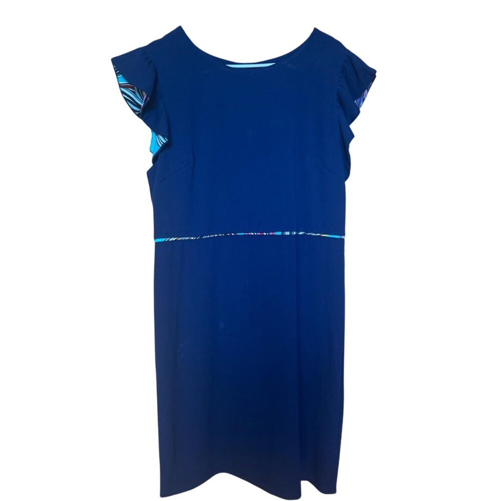 ILE New York Navy Blue Flutter Sleeve Sheath Dress Size 14 Crew Neck Knee Length